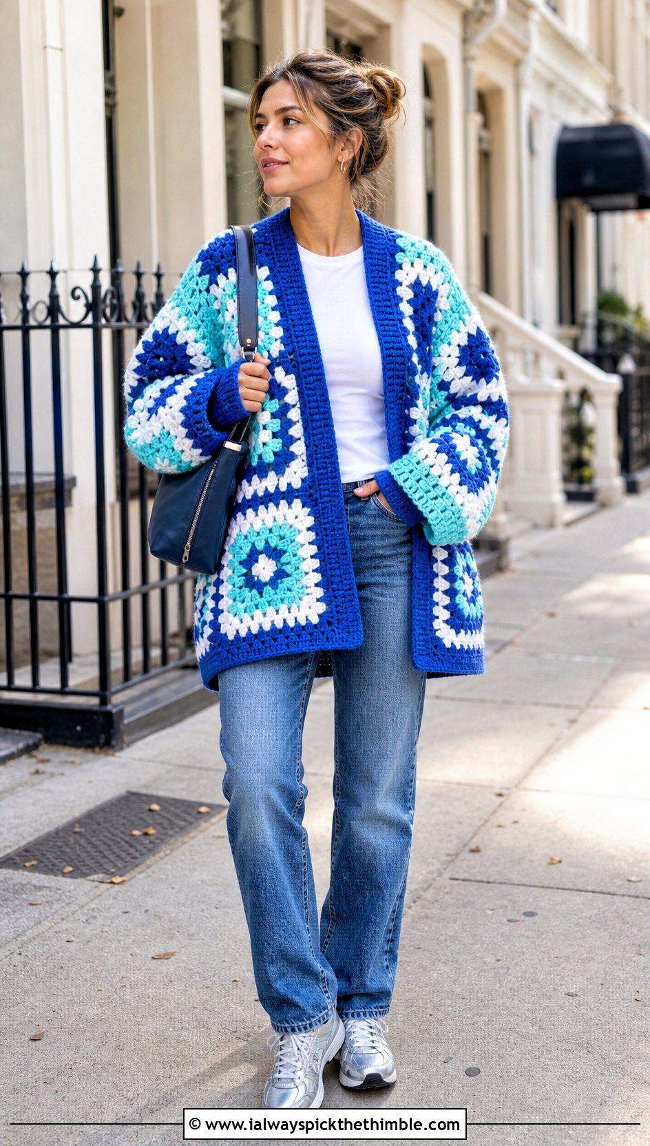 Oversized Patchwork Big Granny Square Cardigan With Straight Leg Jeans - 25 Big Granny Square Cardigan outfit ideas