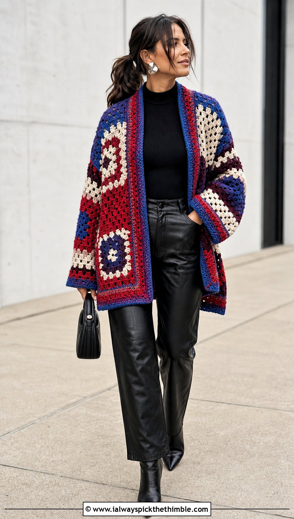 Oversized Patchwork Cardigan With Leather Pants - 15 colorful crocheted cardigan on hook outfit ideas