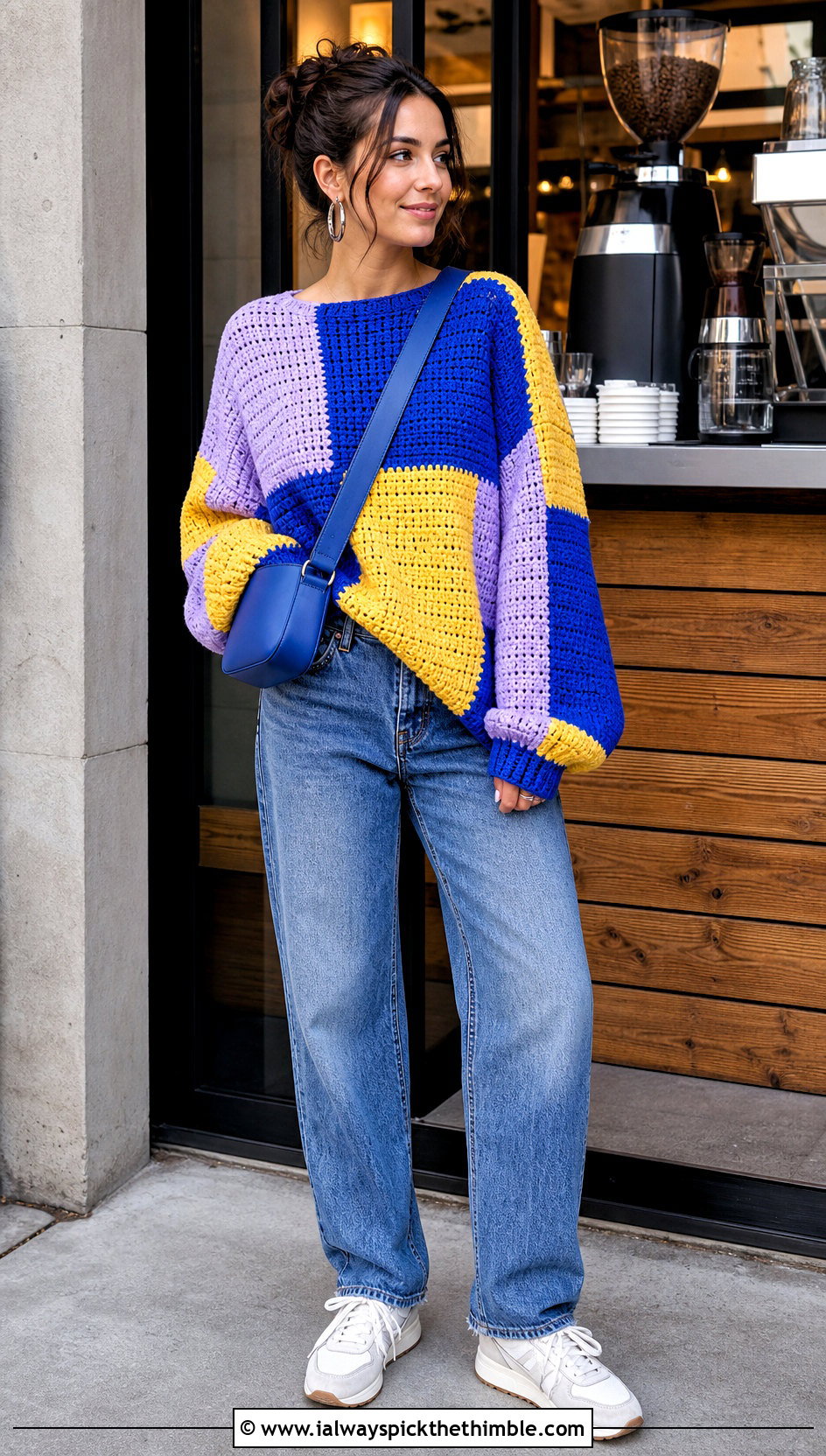 Oversized Patchwork Color Block Crochet Sweater With Straight Leg Jeans - 20 Color Block Crochet Sweater outfit ideas