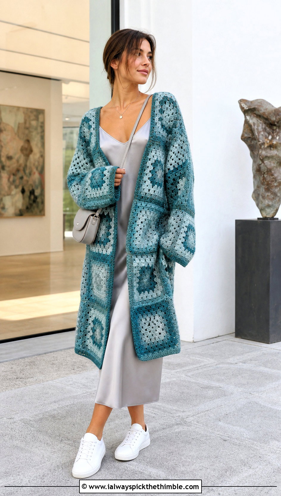 Oversized Patchwork Cotton Granny Square Cardigan With Slip Dress - 20 cotton granny square cardigan outfit ideas
