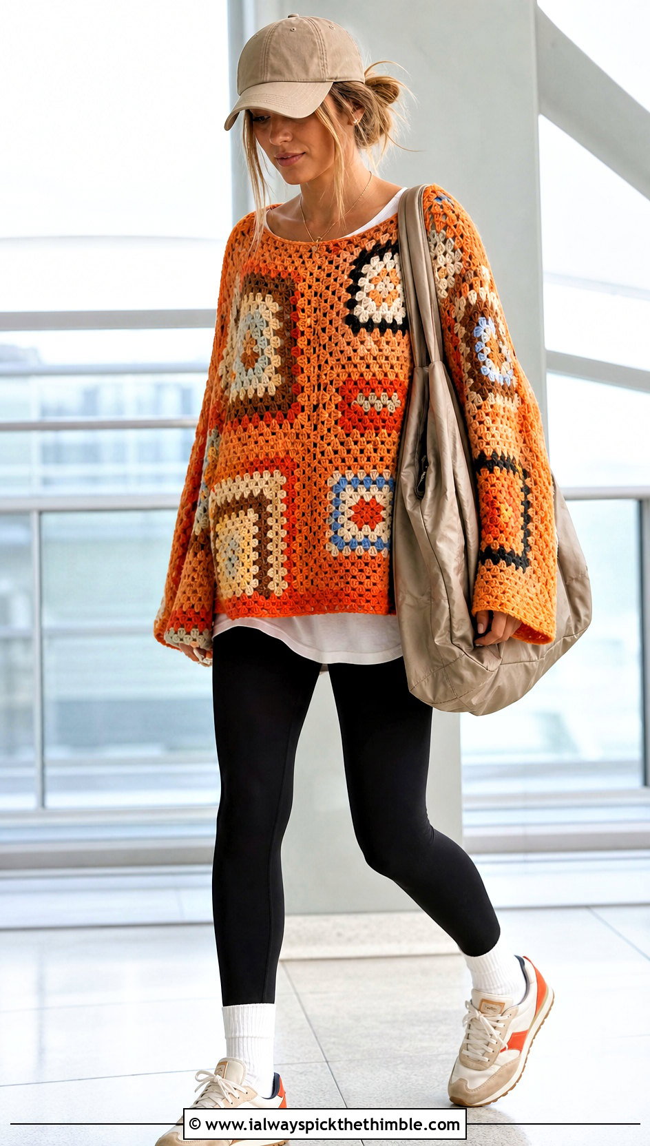 Oversized Patchwork Crochet Boho Sweater With Leggings - 20 crochet boho sweater outfit ideas