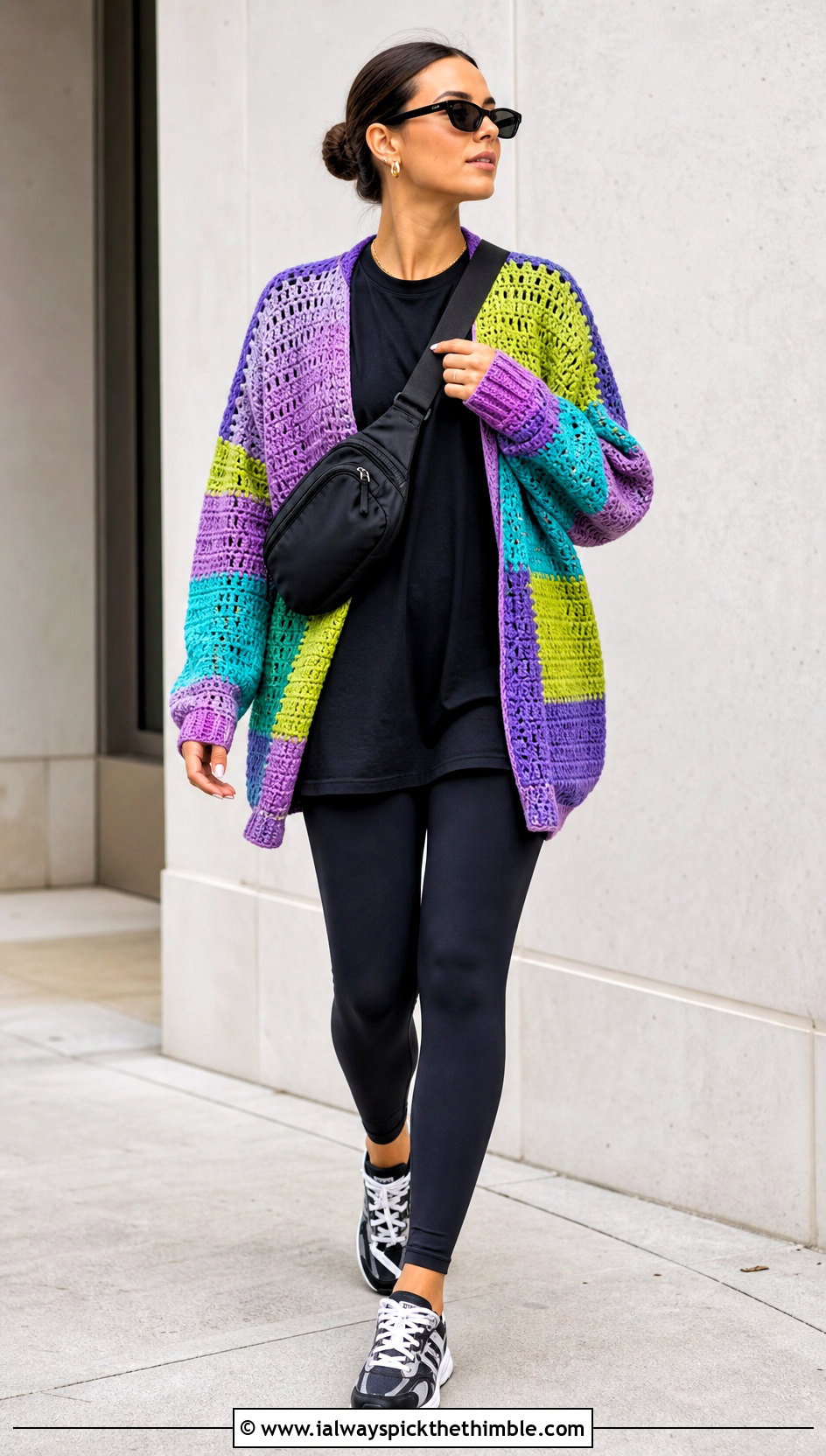 Oversized Patchwork Crochet Cardigan With Black Leggings - 25 crochet cardigan for women outfit ideas