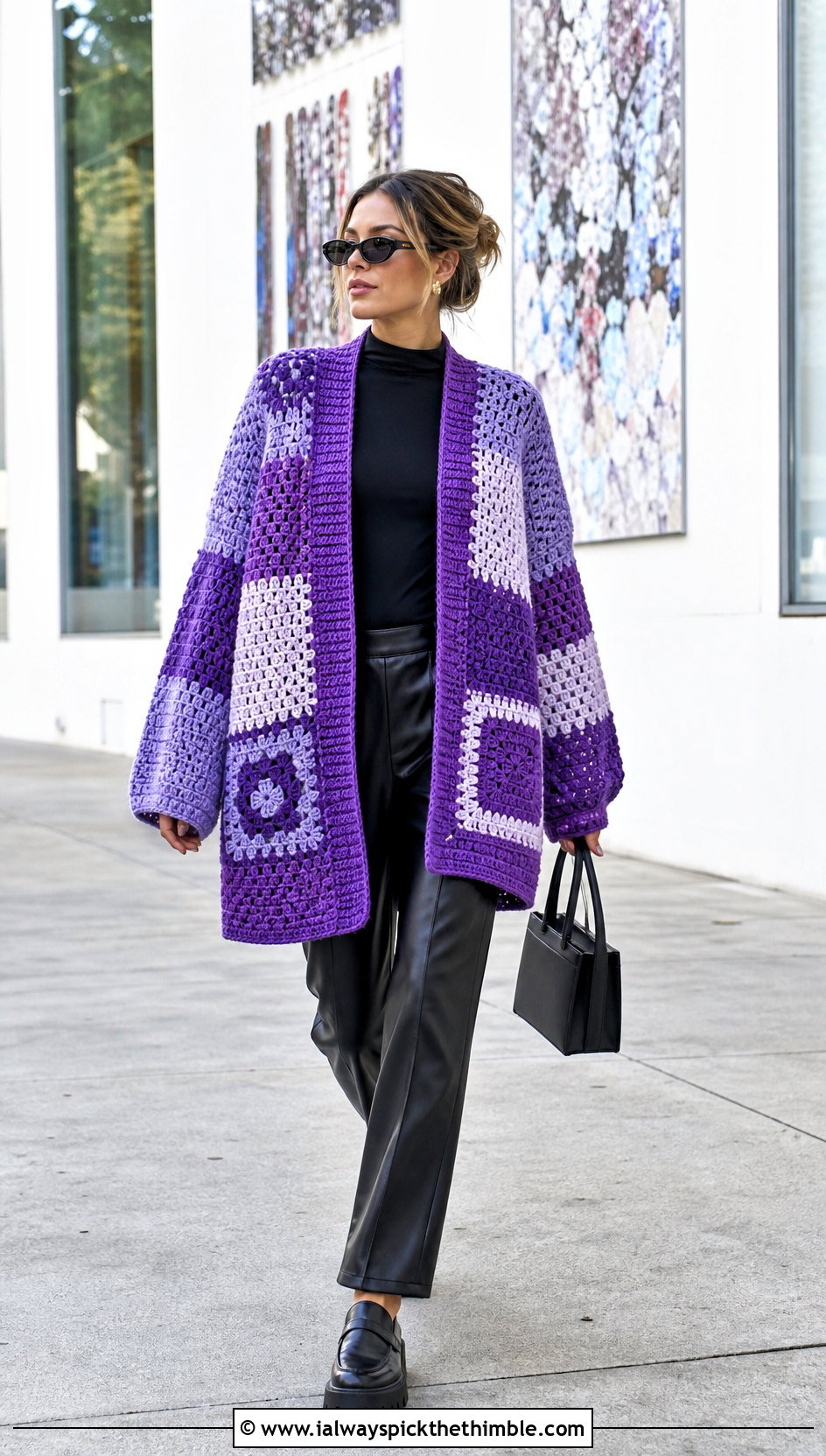 Oversized Patchwork Crochet Cardigan With Leather Pants - 20 Modern Crochet Cardigan outfit ideas