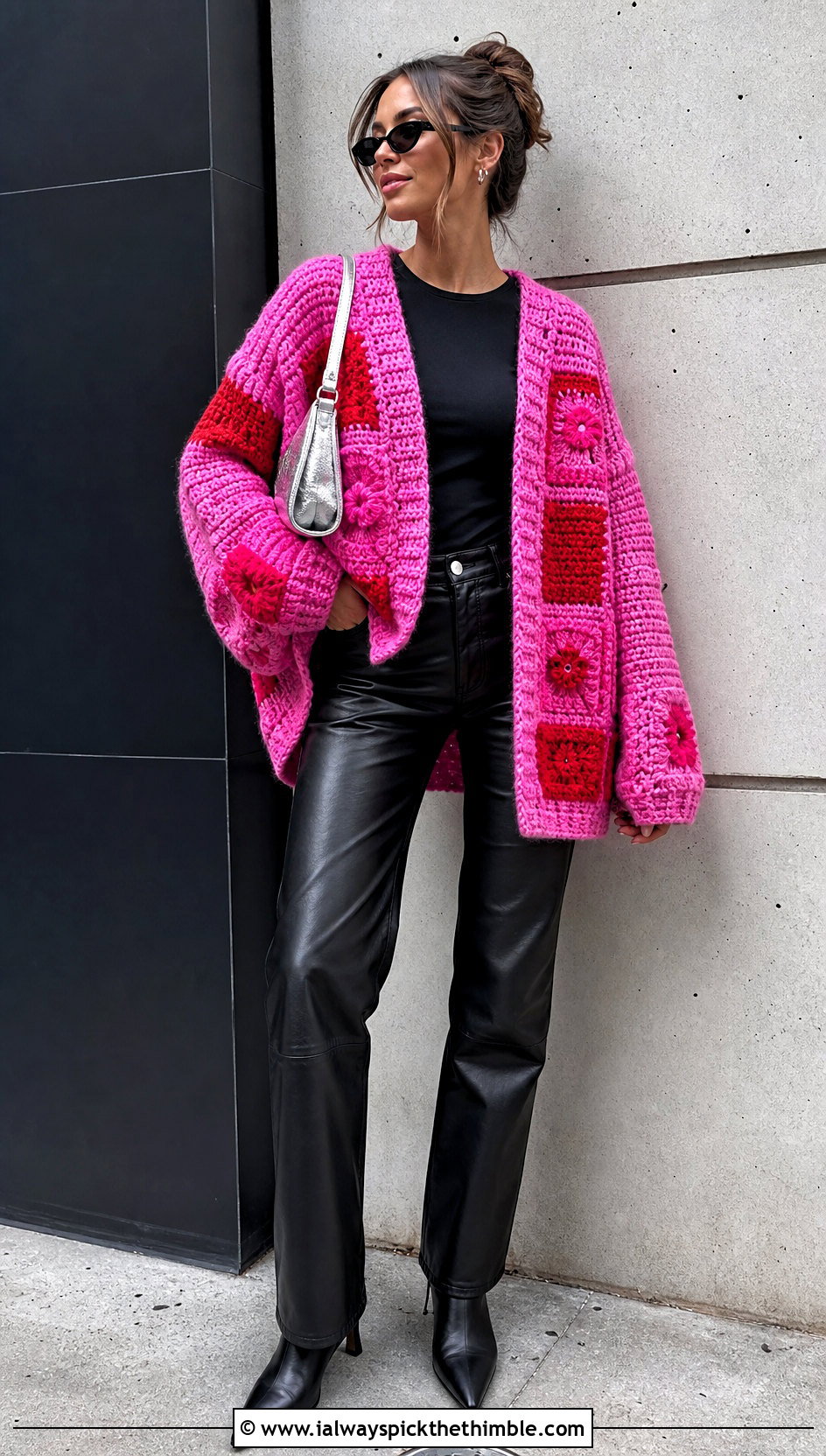 Oversized Patchwork Crochet Cardigan With Leather Pants - 15 crazy classic crochet cardigan outfit ideas