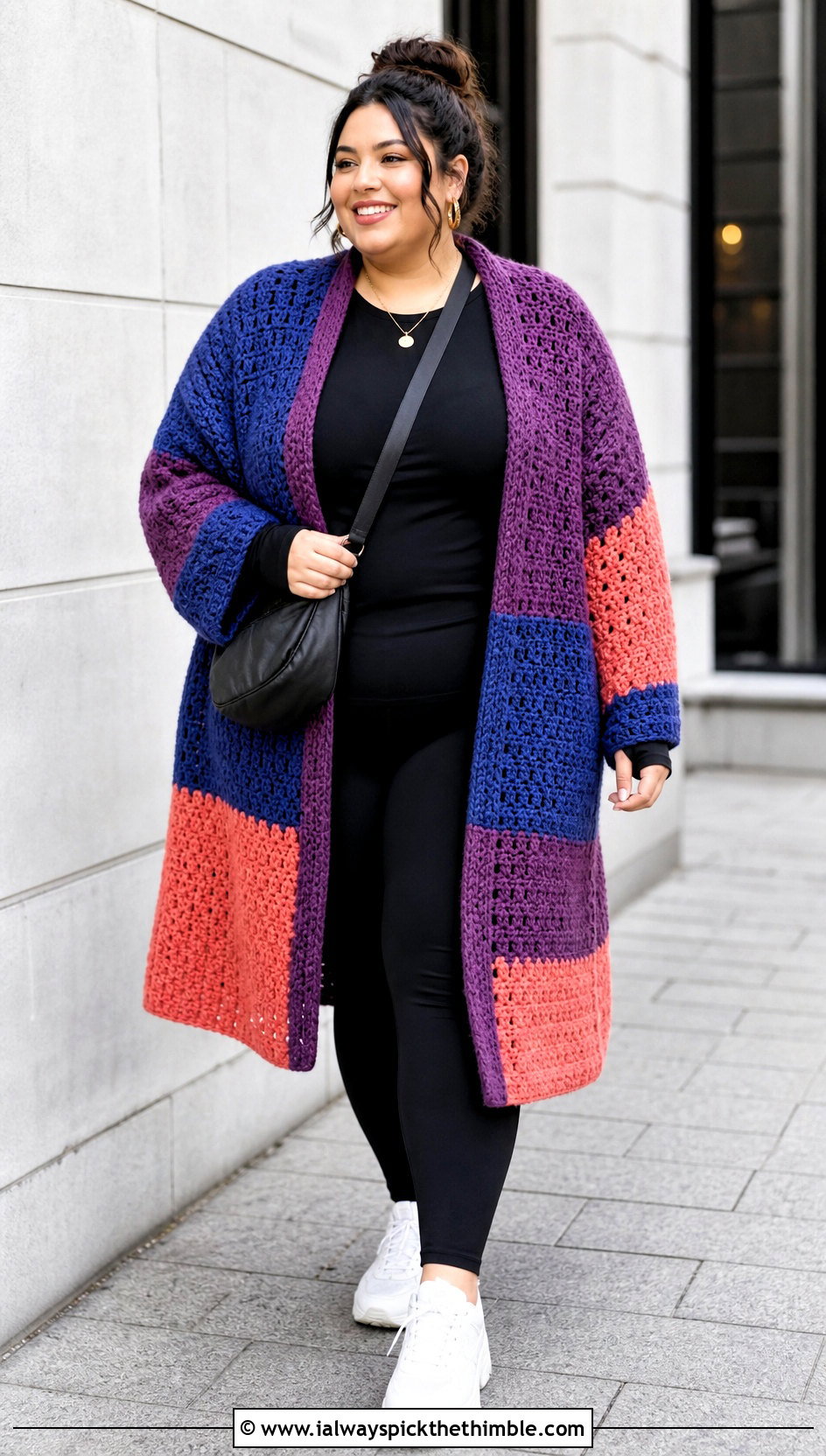 Oversized Patchwork Crochet Cardigan With Leggings - 25 simple crochet cardigan outfit ideas