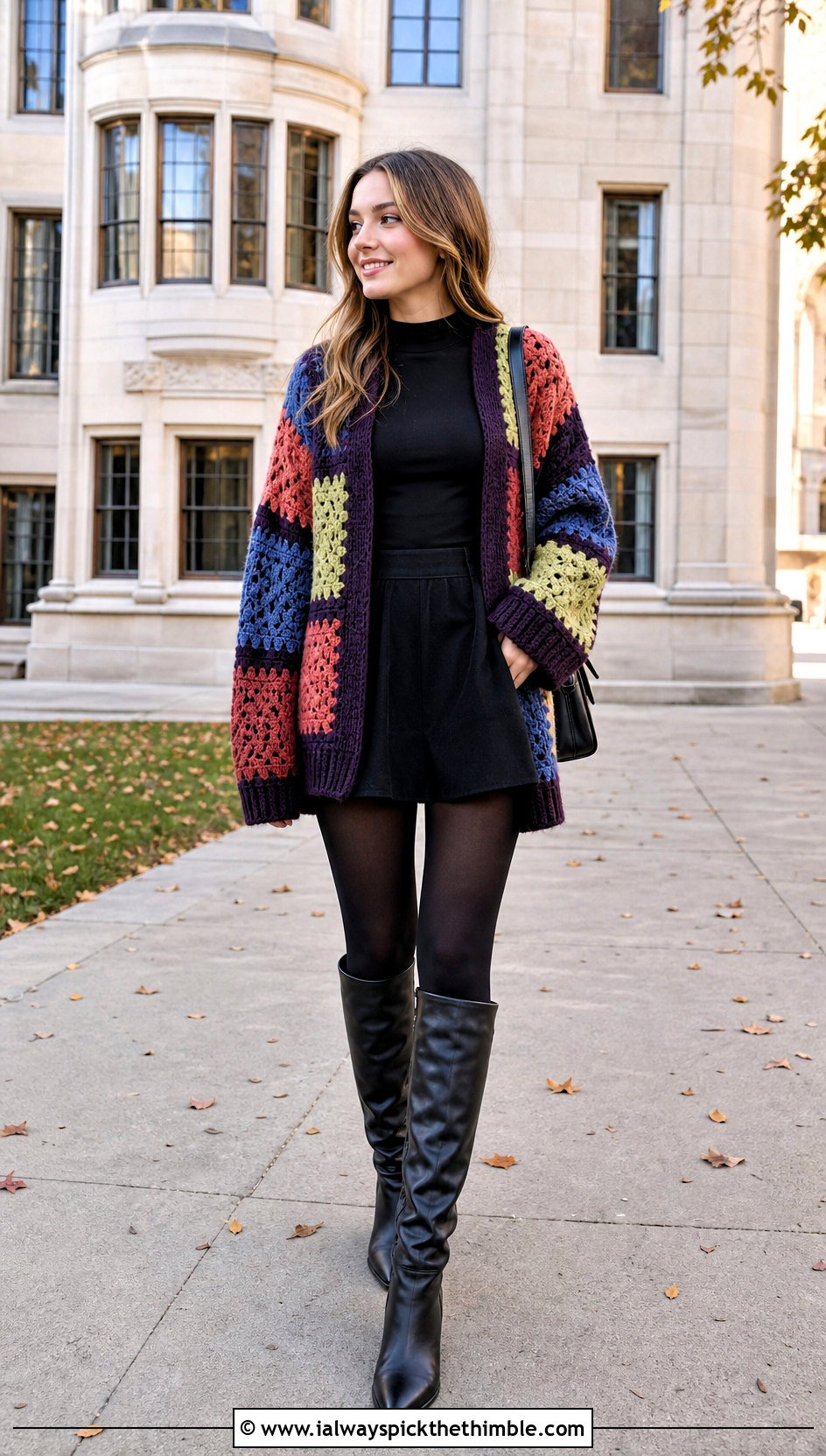 Oversized Patchwork Crochet Cardigan With Mini Skirt - 25 fall crochet cardigan outfit ideas