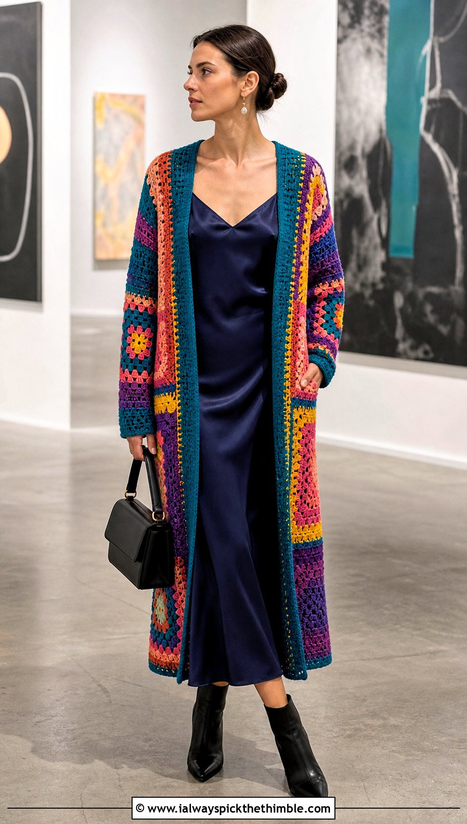 Oversized Patchwork Crochet Cardigan With Slip Dress - 20 Crochet Colourful Cardigan outfit ideas