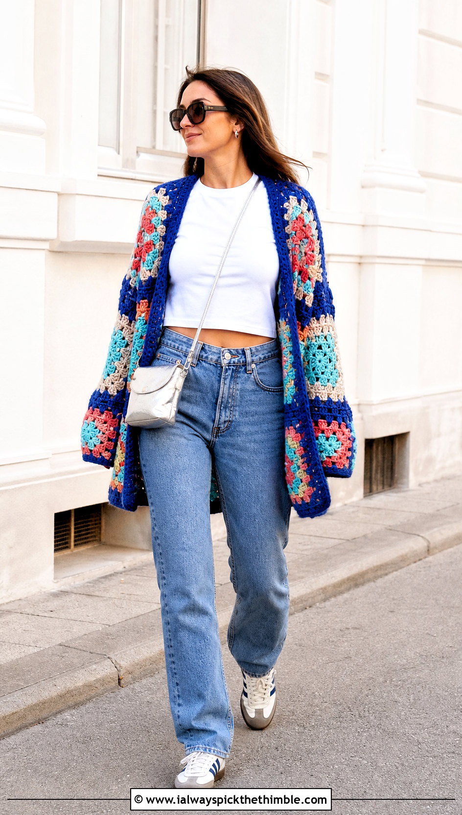 Oversized Patchwork Crochet Cardigan With Straight Leg Jeans - 20 kawaii crochet cardigan outfit ideas
