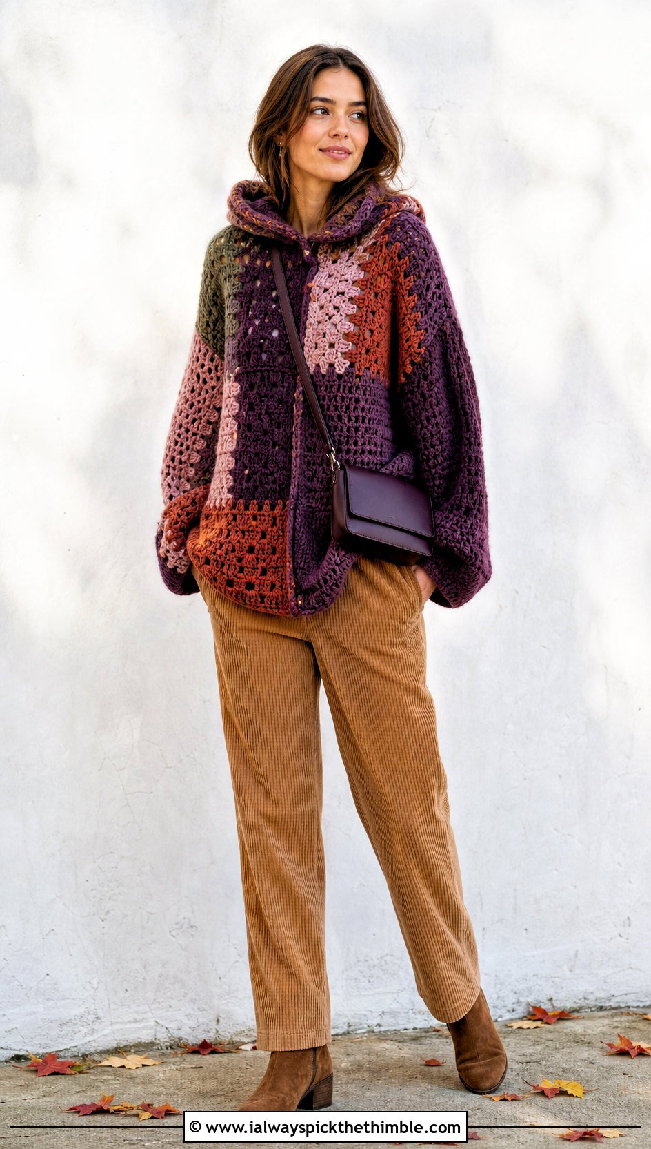 Oversized Patchwork Crochet Hoodie With Corduroy Pants - 20 oversized crochet hoodie outfit ideas