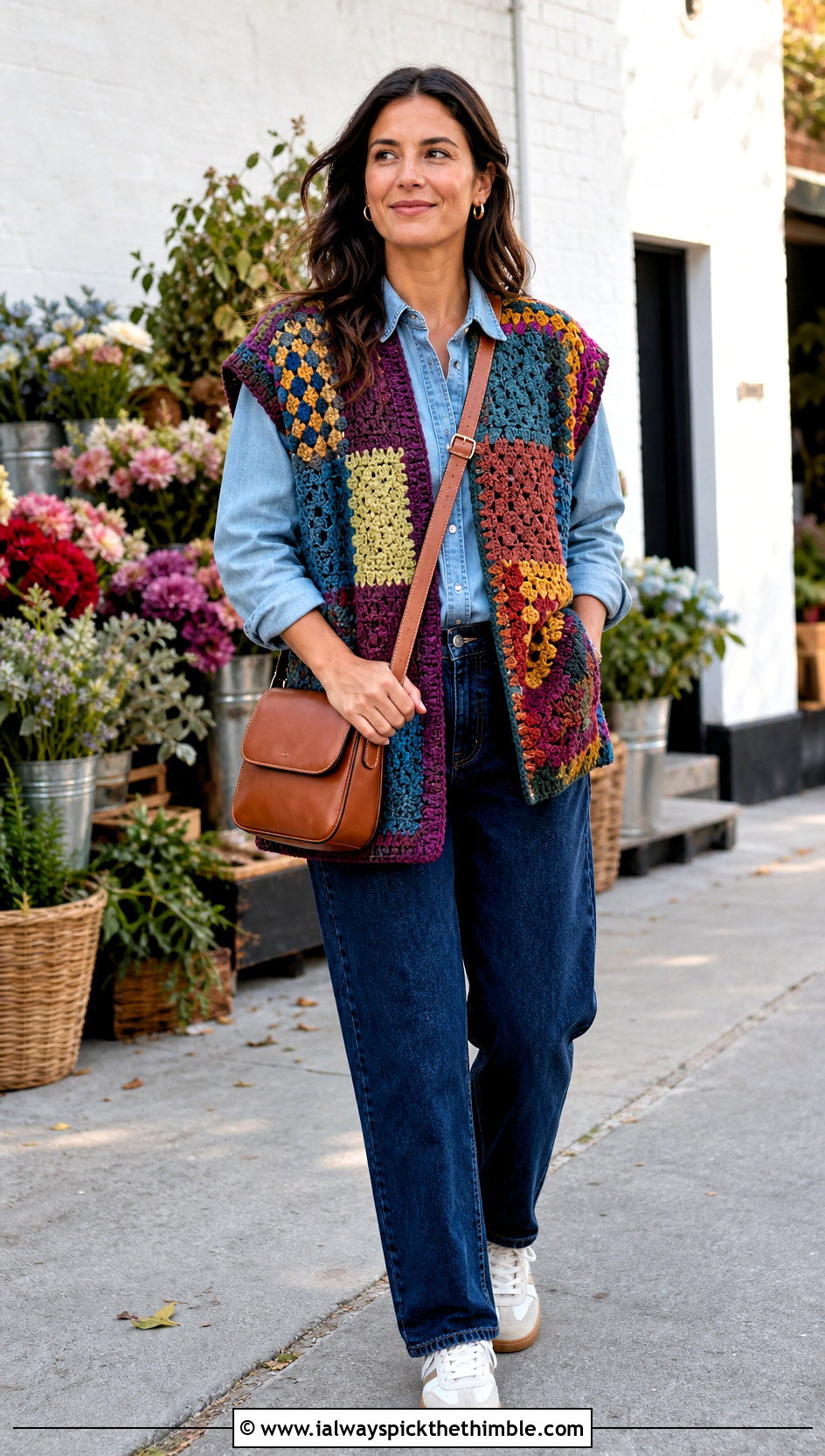 Oversized Patchwork Crochet Vest With Denim Outfit - 20 oversize crochet vest outfit ideas
