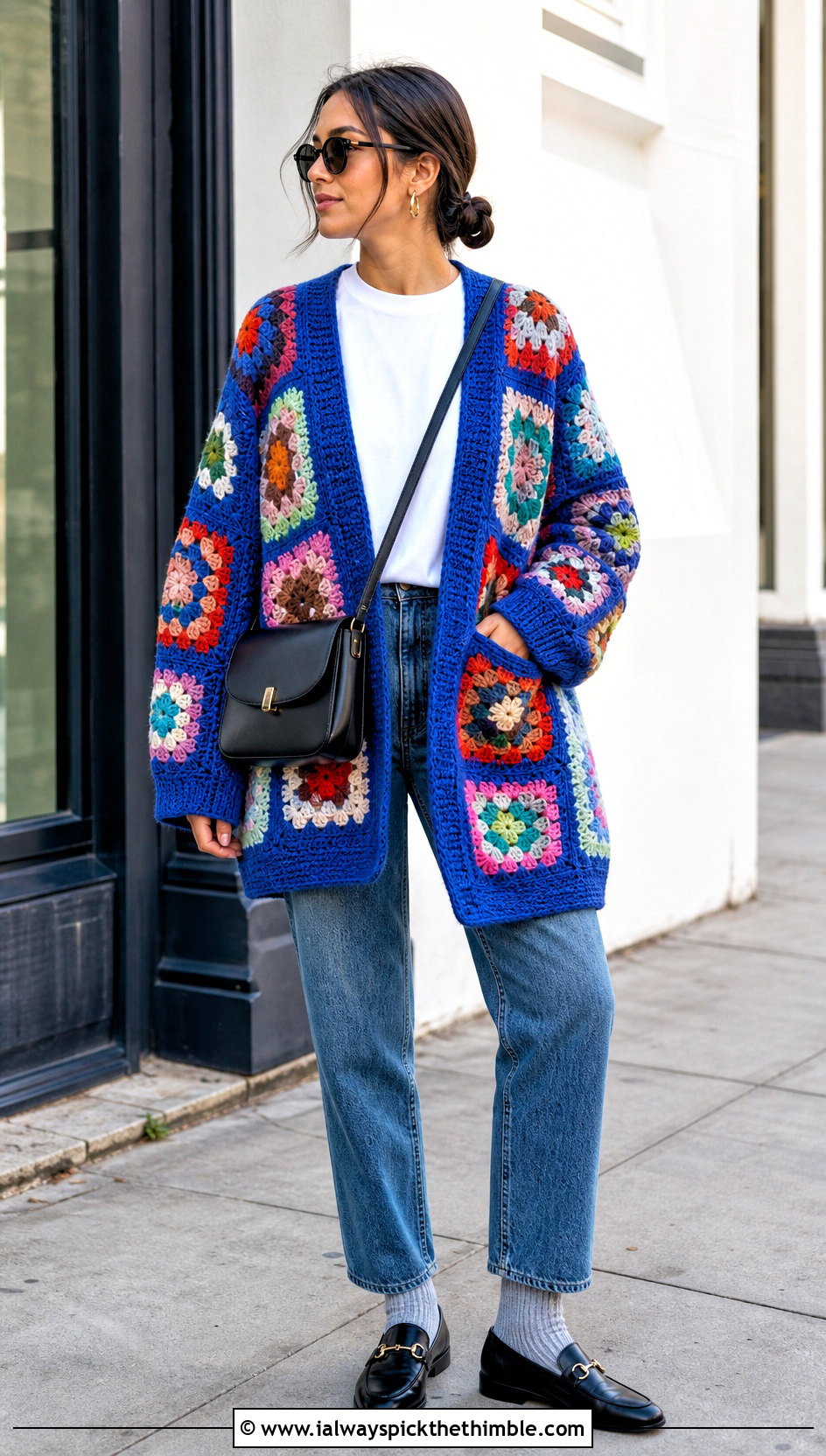 Oversized Patchwork Grandpa Crochet Cardigan With Straight Jeans - 20 grandpa crochet cardigan outfit ideas