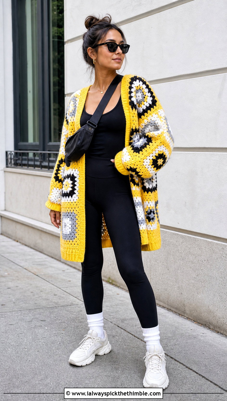 Oversized Patchwork Granny Square Cardigan With Black Leggings - 20 boho granny square cardigan outfit ideas