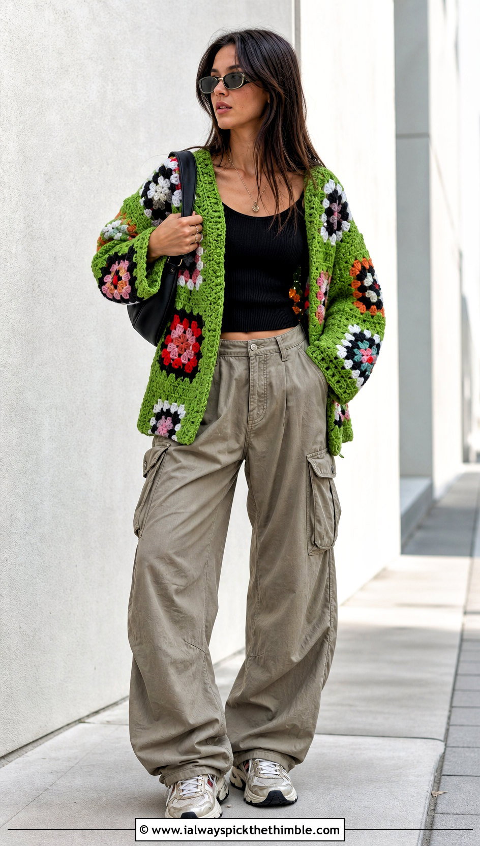 Oversized Patchwork Granny Square Cardigan With Cargo Pants - 15 originally lovely granny square cardigan outfit ideas