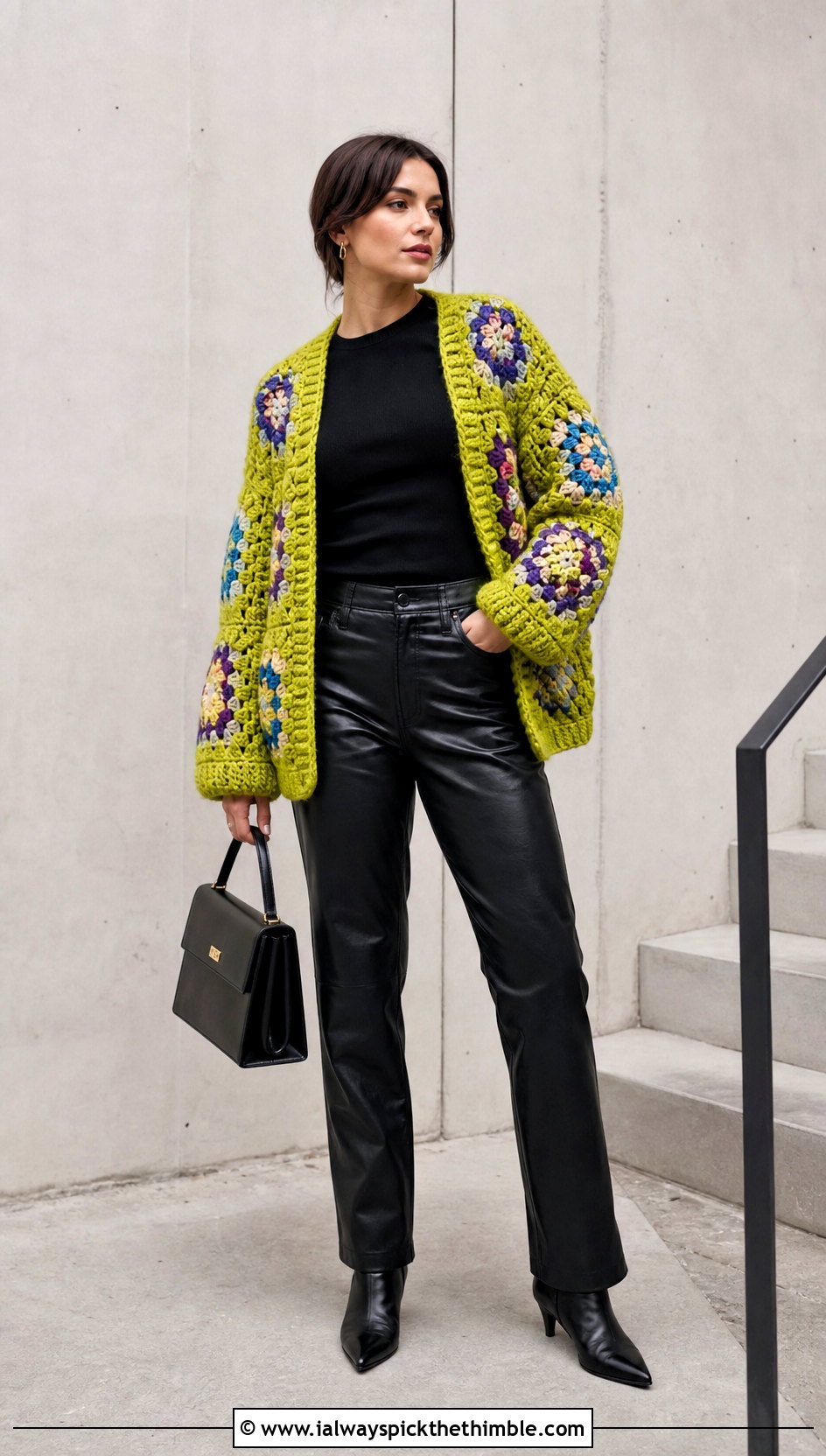 Oversized Patchwork Granny Square Cardigan With Leather Pants - 25 granny square crochet sweater outfit ideas