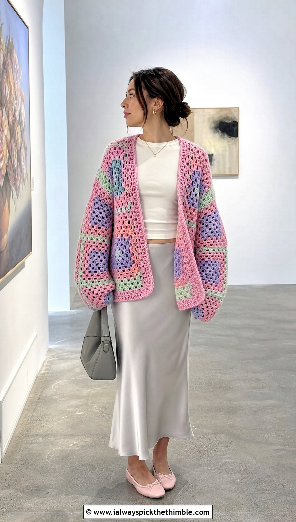 Oversized Patchwork Granny Square Cardigan With Satin Slip Skirt - 20 pastel granny square cardigan outfit ideas