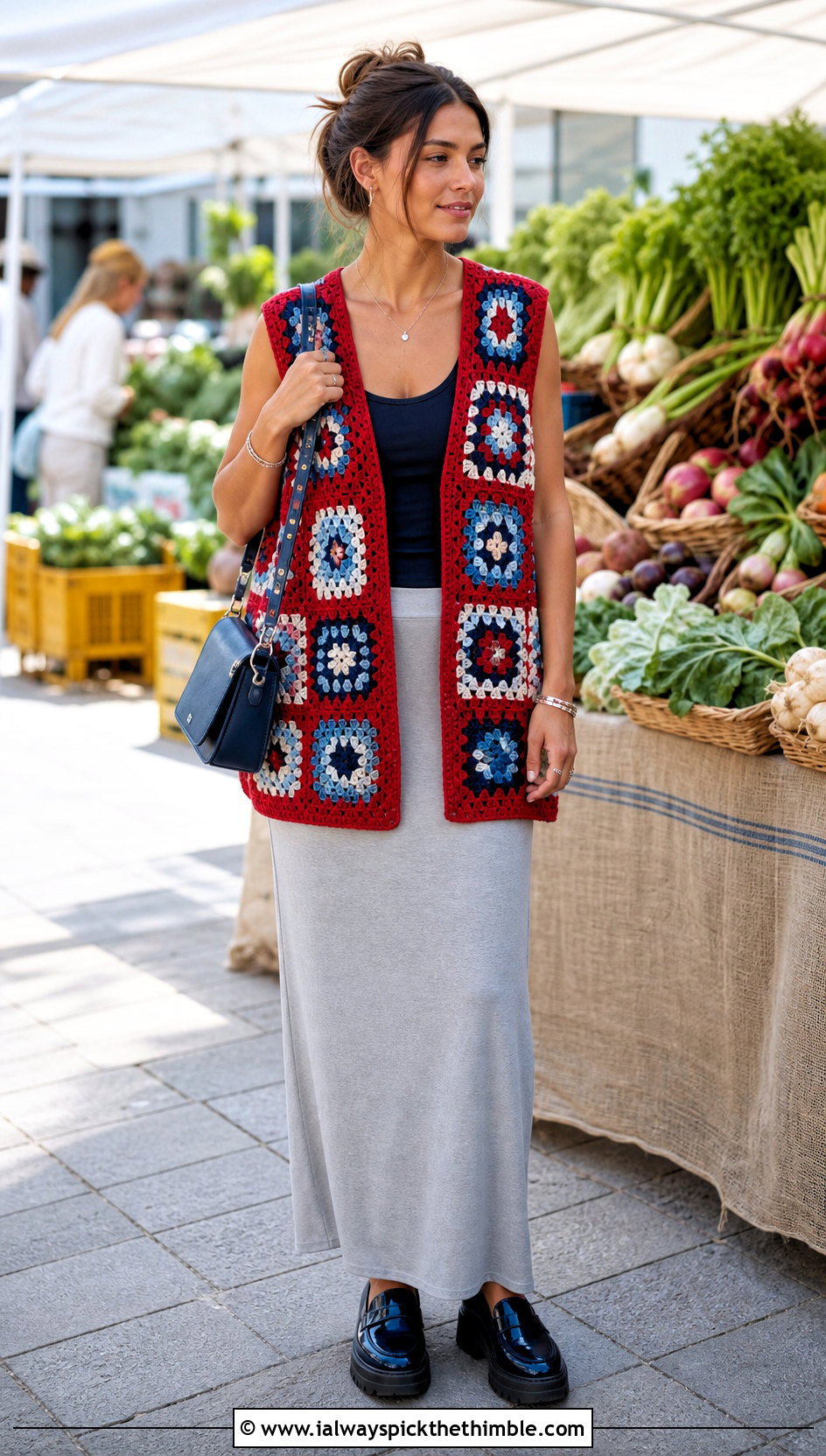 Oversized Patchwork Granny Square Crochet Vest With Maxi Skirt - 20 Granny Square Crochet Vest outfit ideas