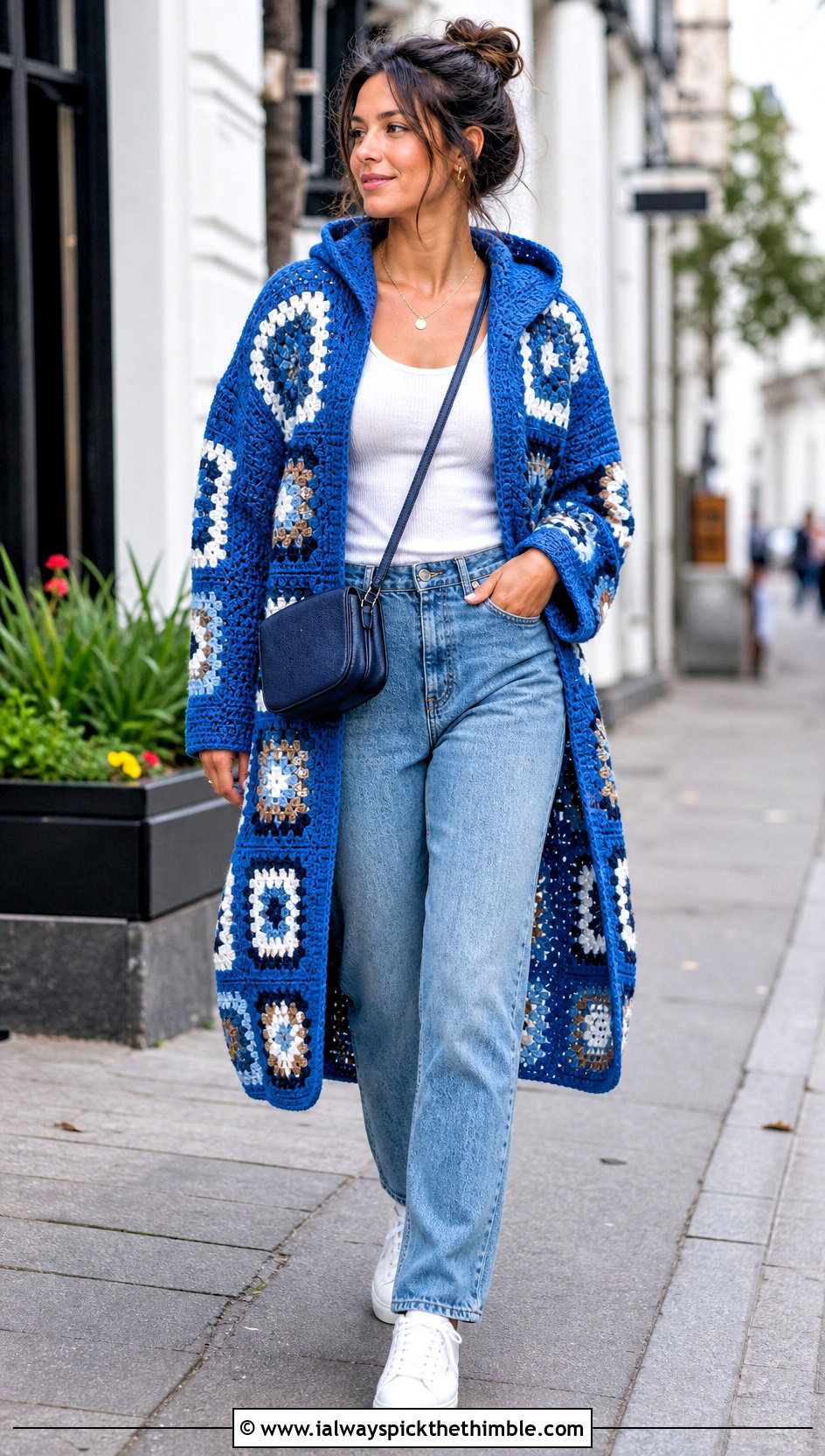 Oversized Patchwork Granny Square Hooded Cardigan With Straight Leg Jeans - 20 Granny Square Hooded Cardigan outfit ideas