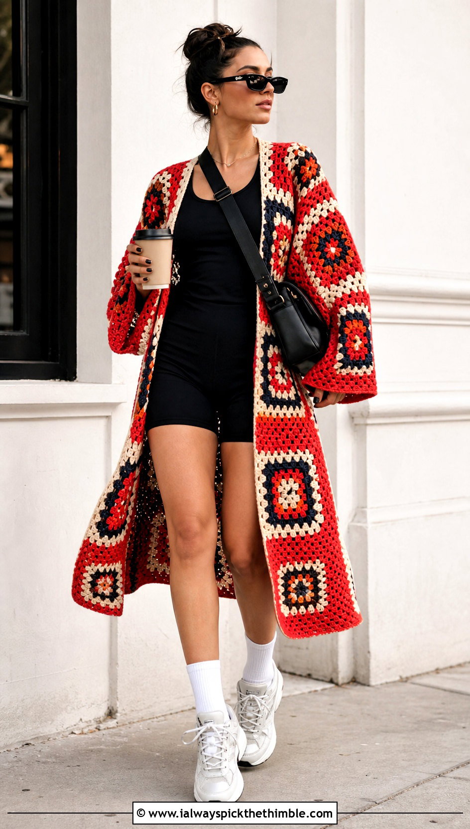 Oversized Patchwork Granny Square Kimono With Biker Shorts - 20 granny square kimono outfit ideas