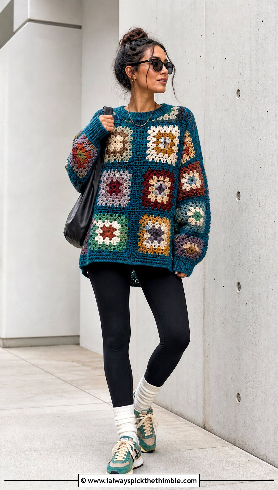 Oversized Patchwork Granny Square Pullover With Black Leggings - 20 crochet granny square pullover sweater outfit ideas