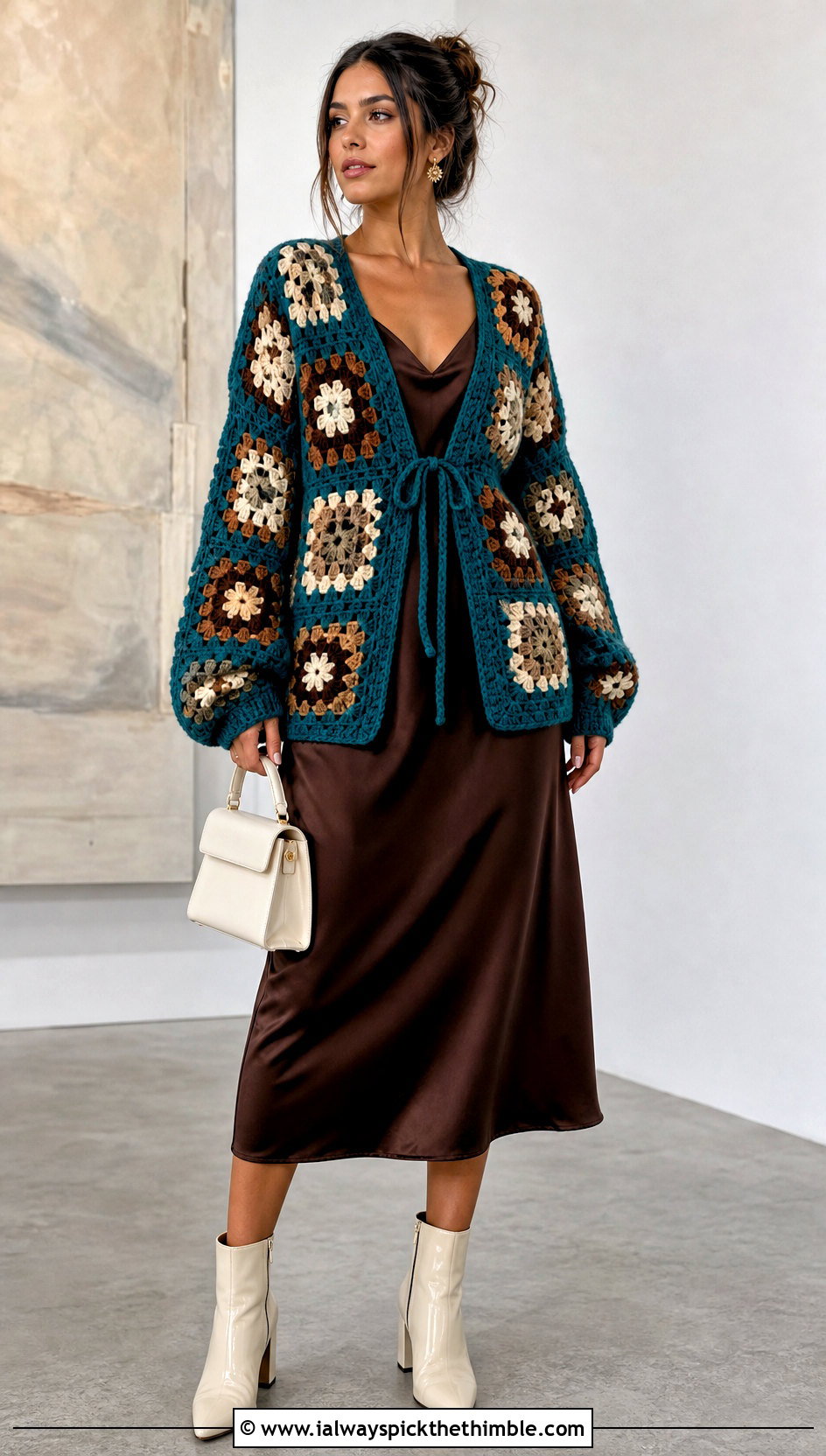 Oversized Patchwork Granny Square Tie Cardigan With Slip Dress - 20 Granny Square Tie Cardigan outfit ideas