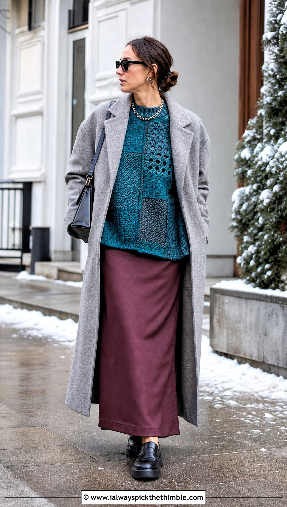 Oversized Patchwork Panel Sweater With Column Maxi Skirt - 20 crochet panel sweater outfit ideas