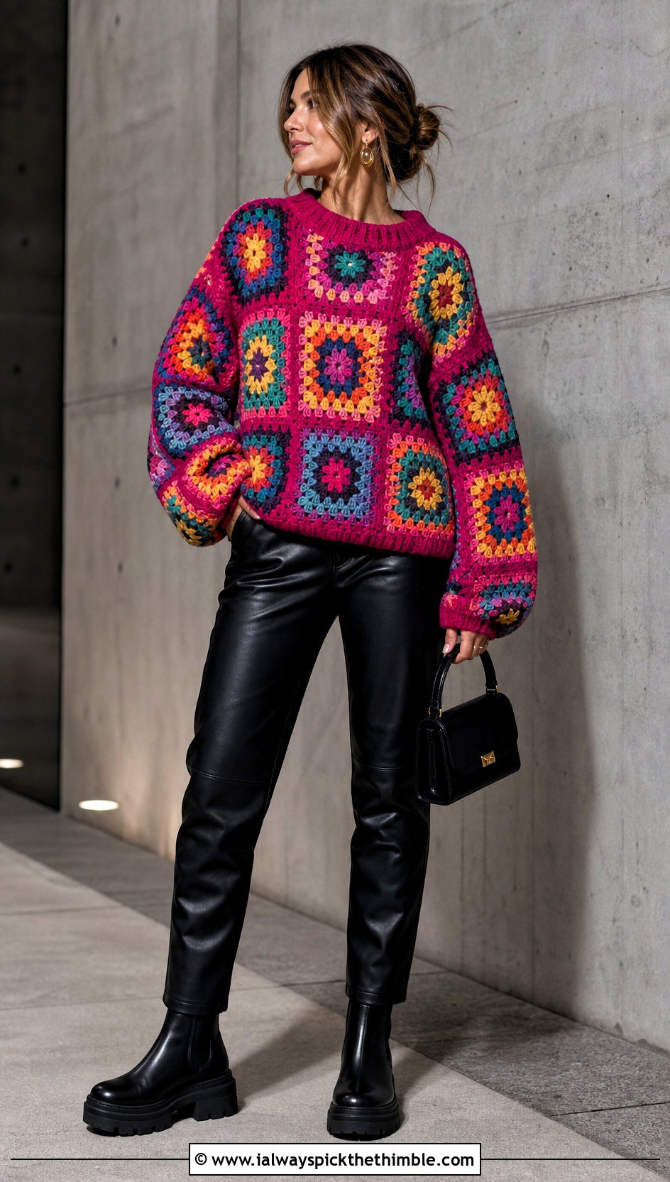 Oversized Patchwork Square Crochet Sweater With Leather Pants - 20 Square Crochet Sweater outfit ideas