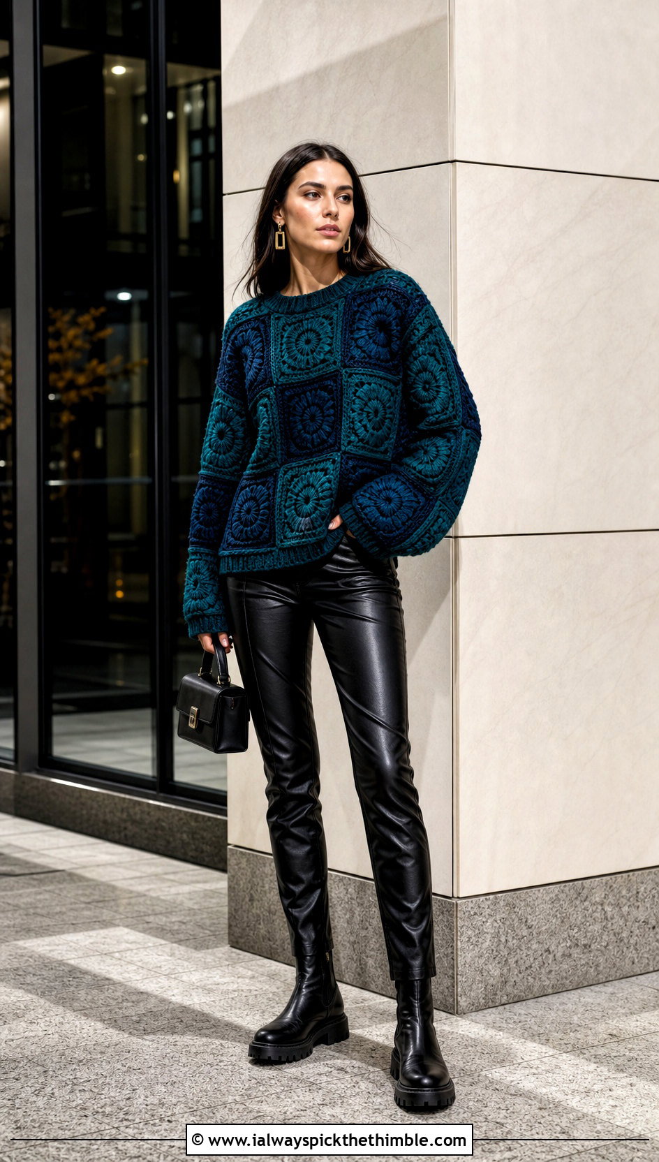 Oversized Patchwork Square Sweater With Leather Pants - 25 Crochet Square Sweater outfit ideas
