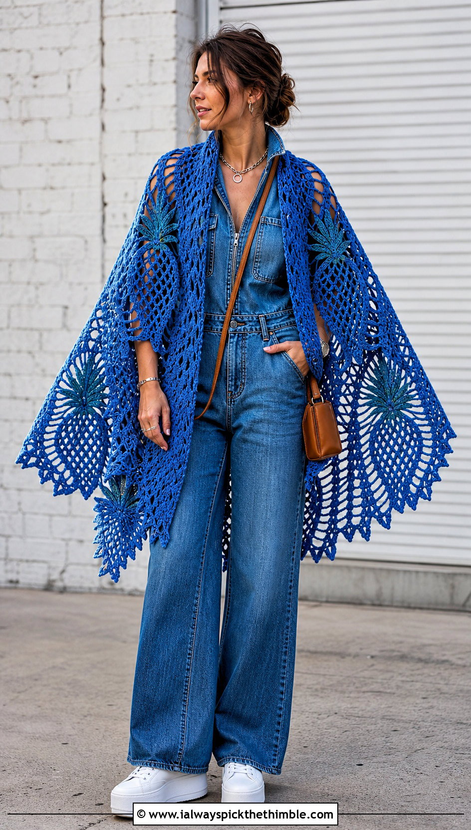 Oversized Pineapple Crochet Shawl With Denim Jumpsuit - 20 pineapple crochet shawl outfit ideas