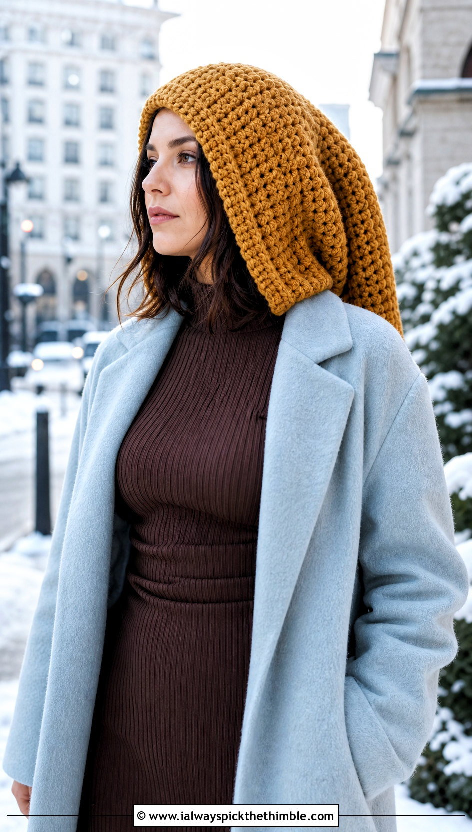 Oversized Pixie Hood With Long Coat And Knit Dress - 20 crochet pixie hat outfit ideas