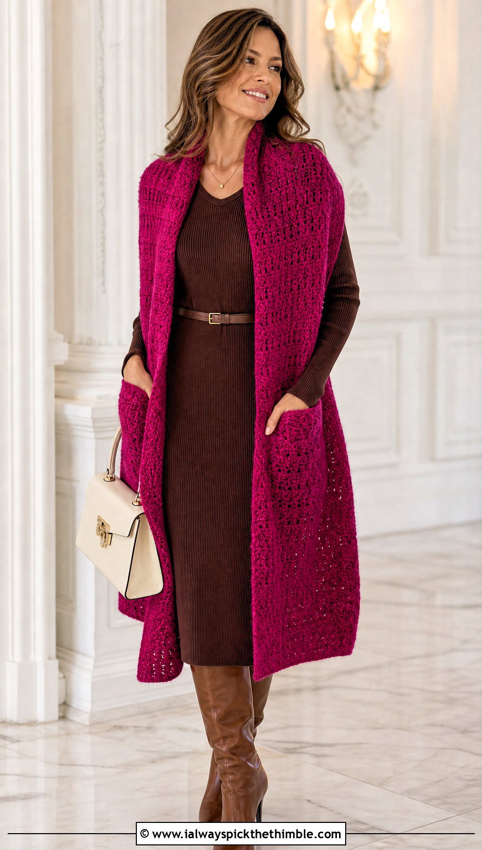 Oversized Pocket Shawl Scarf With Midi Dress - 20 crochet pocket scarves outfit ideas