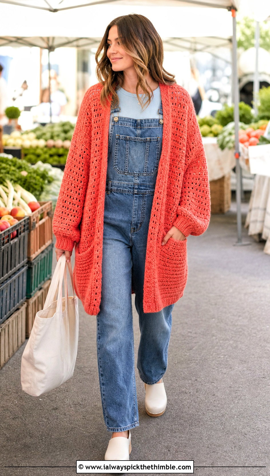 Oversized Pocketed Drop Shoulder Crochet Cardigan With Overalls - 20 oversized chunky crochet cardigan outfit ideas