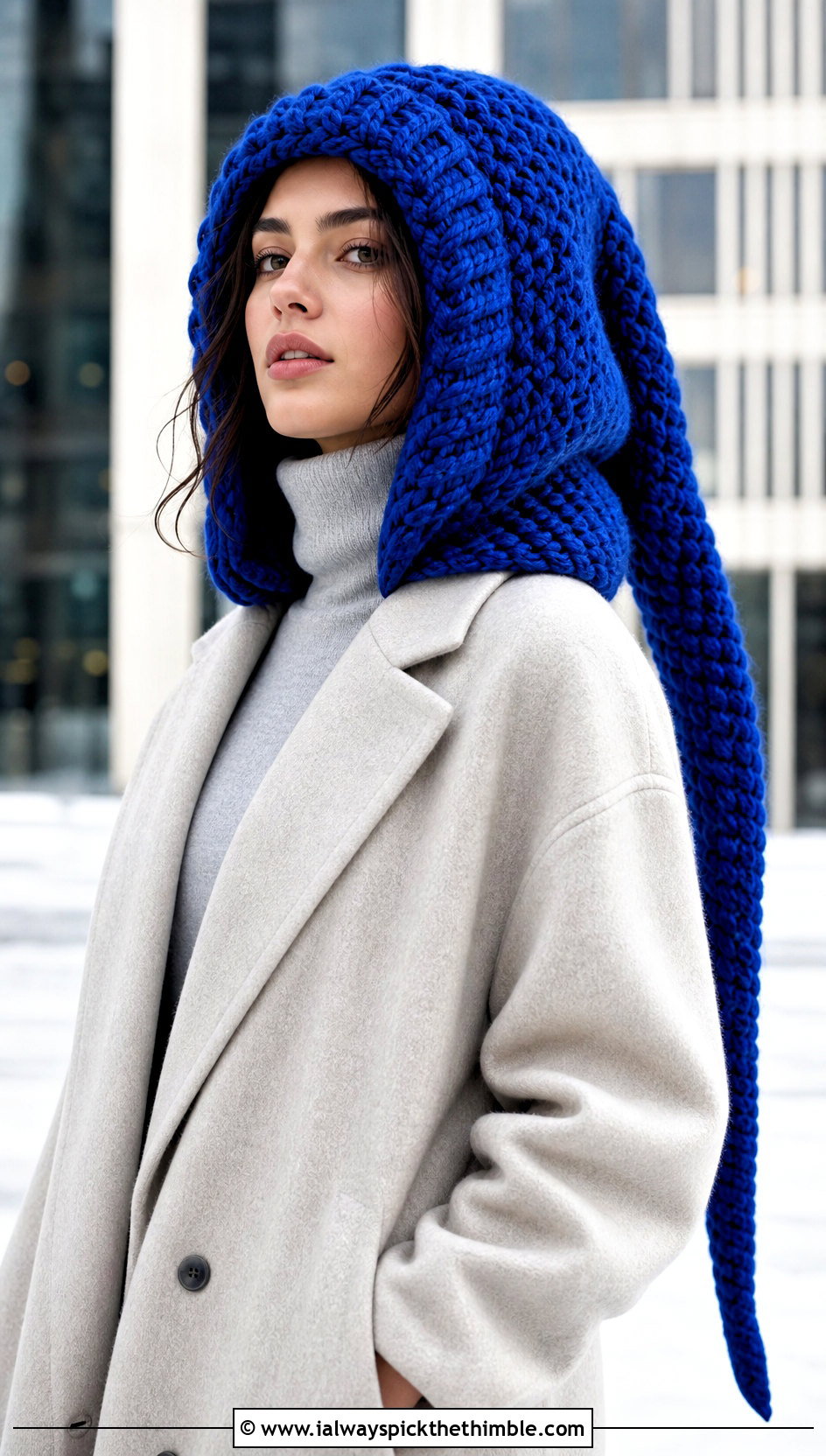 Oversized Pointed Crochet Hood With Maxi Coat And Boots - 20 Pointed Crochet Hat outfit ideas