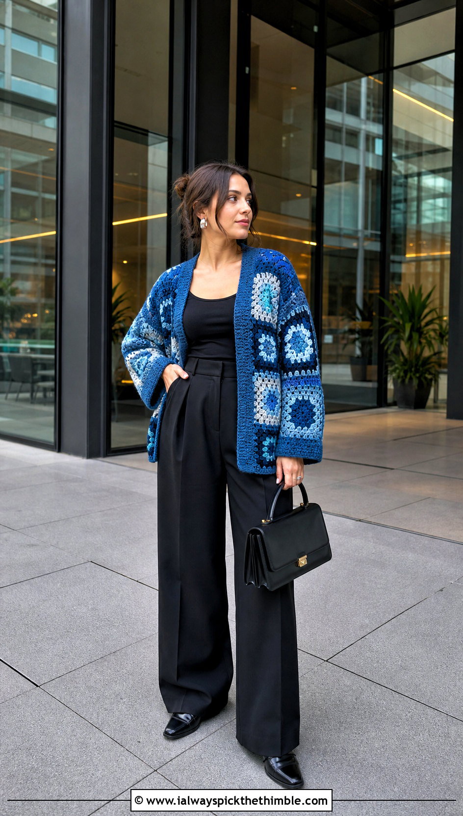 Oversized Pool Blue Patchwork Granny Square Cardigan With Wide Leg Trousers - 20 blue granny square cardigan outfit ideas