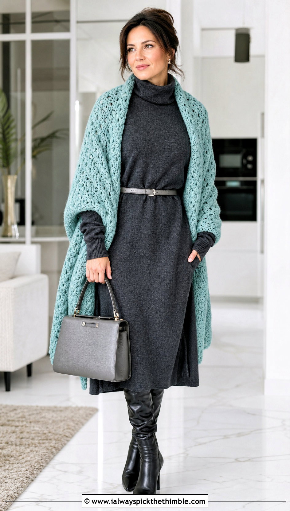 Oversized Prayer Shawl With Sweater Dress And Boots - 15 Crochet Prayer Shawl Amazing Grace outfit ideas
