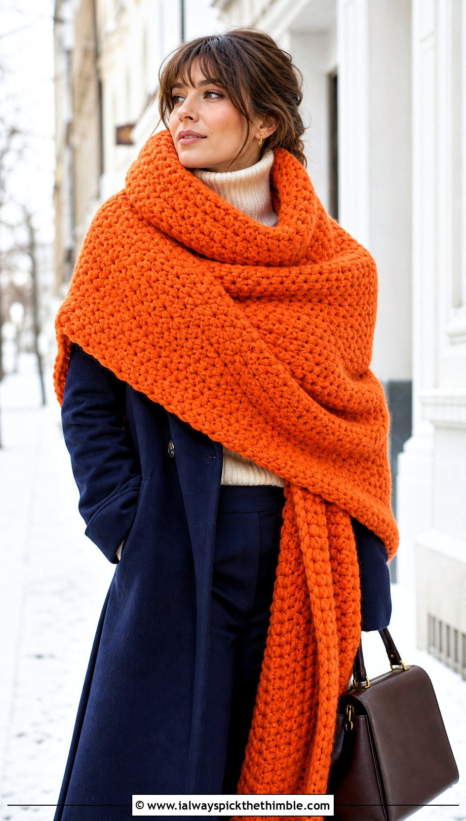 Oversized Puff Blanket Scarf With Wool Coat - 15 Playful Puffs Crochet Scarf outfit ideas