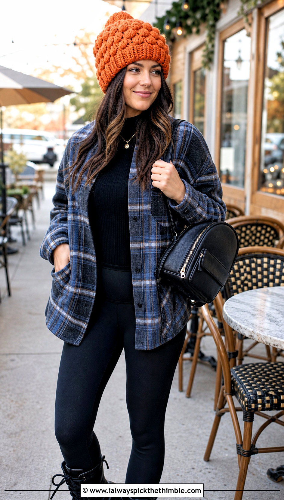 Oversized Puff Stitch Beanie With Shacket - 20 crochet puff stitch beanie outfit ideas