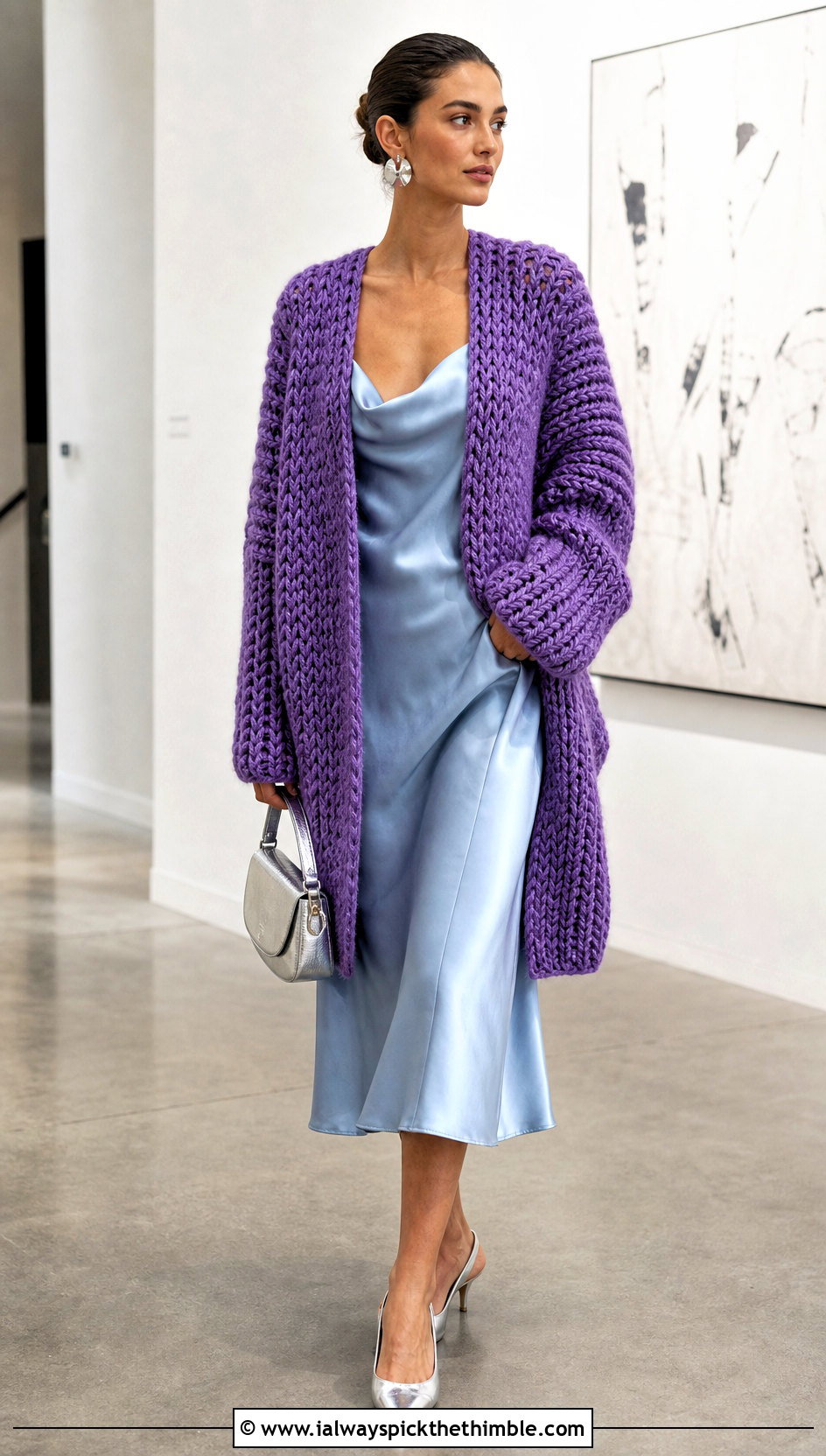 Oversized Purple Crochet Cardigan With Satin Slip Dress - 15 purple crochet cardigan on hanger outfit ideas