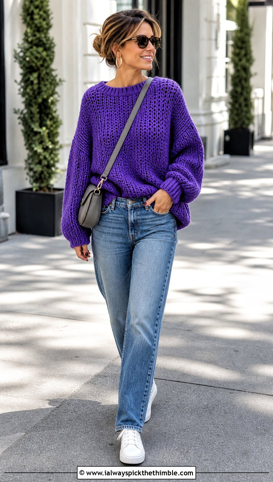 Oversized Purple Crochet Sweater With Straight Leg Jeans - 20 Crochet Purple Sweater outfit ideas