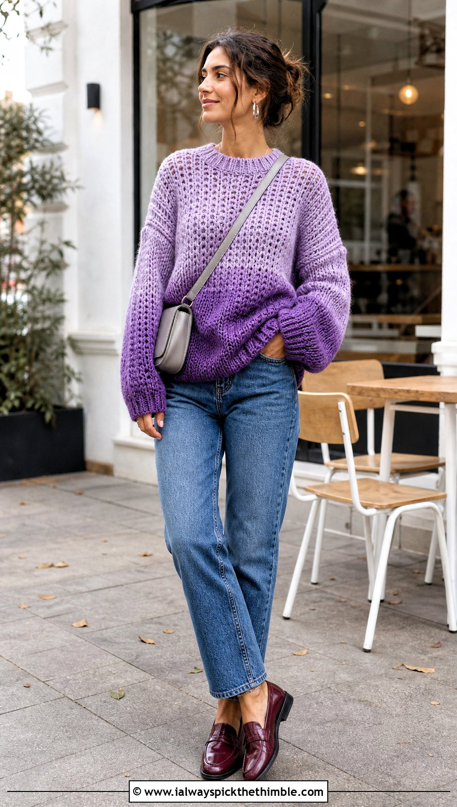 Oversized Purple Ombre Crochet Crewneck Sweater With Straight Leg Jeans - 15 purple ombre crochet sweater outfit ideas