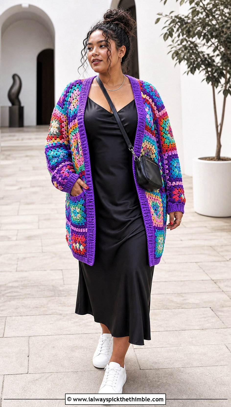 Oversized Rainbow Granny Square Patchwork Cardigan With Slip Dress - 20 Granny Square Patchwork Cardigan outfit ideas
