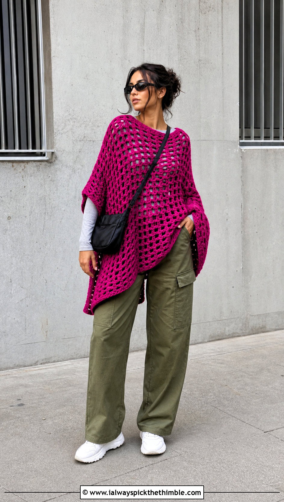 Oversized Rectangle Crochet Boho Poncho With Cargo Pants - 20 crochet boho poncho outfit ideas