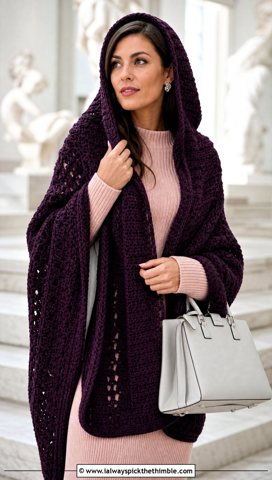 Oversized Rectangle Crochet Hooded Shawl With Sweater Dress - 25 crochet hooded shawl outfit ideas