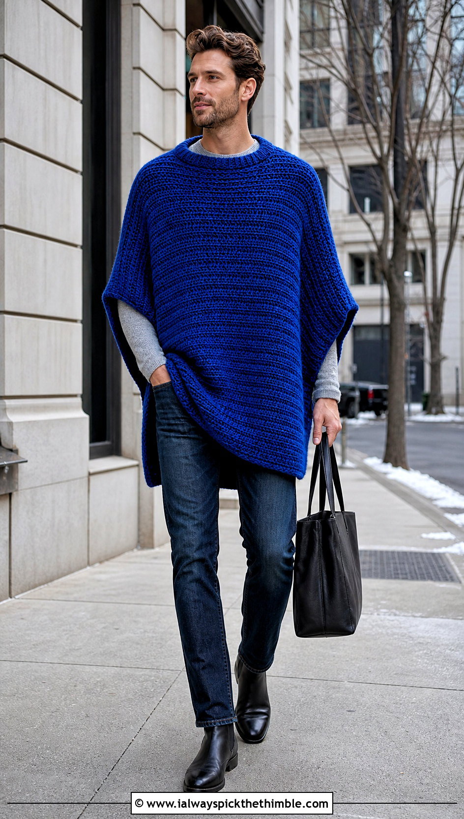 Oversized Rectangle Crochet Poncho With Slim Jeans - 20 mens crochet poncho outfit ideas
