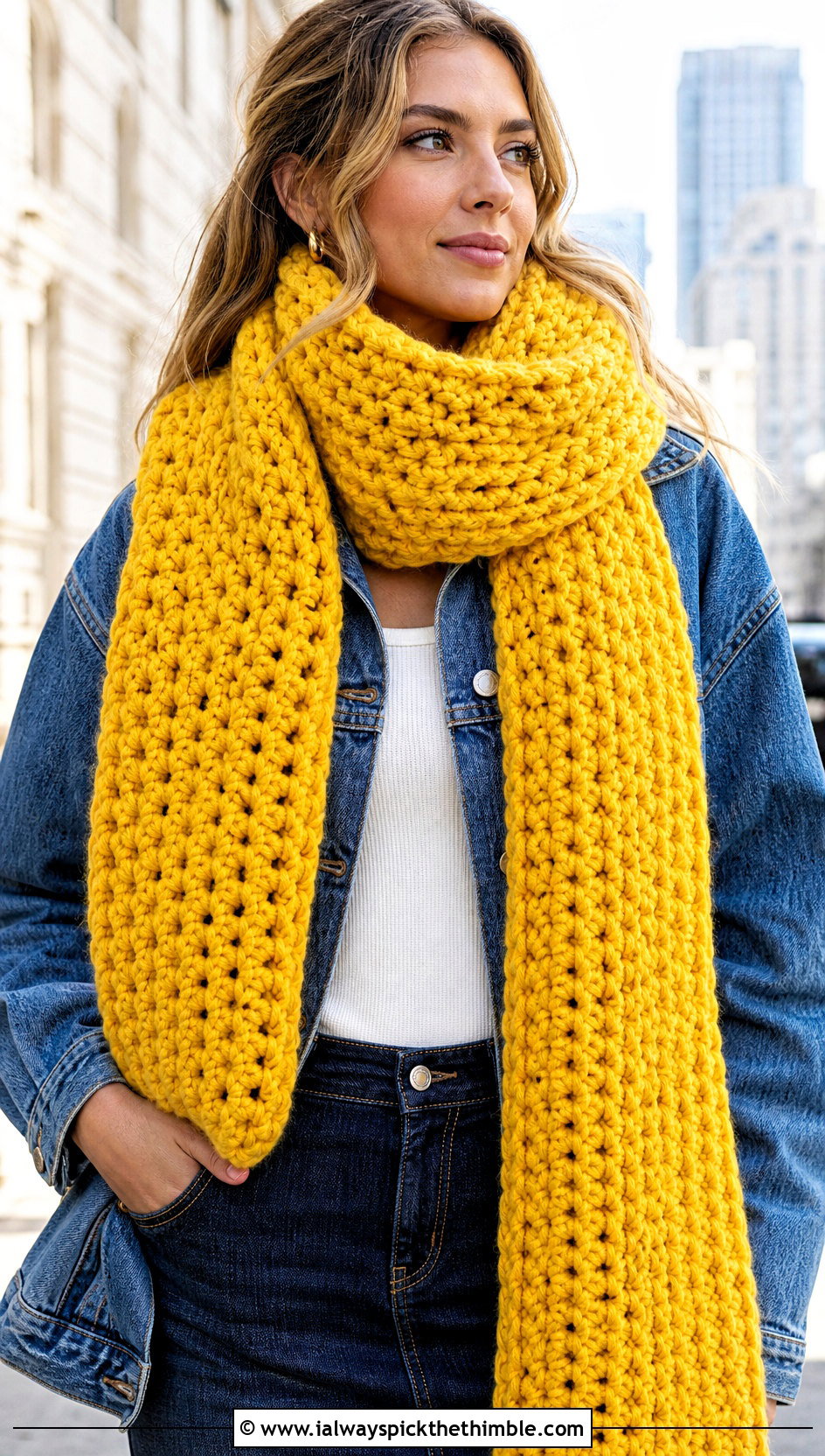 Oversized Rectangular Chunky Crochet Scarf With Denim Jacket - 20 Chunky Yarn Crochet Scarf outfit ideas
