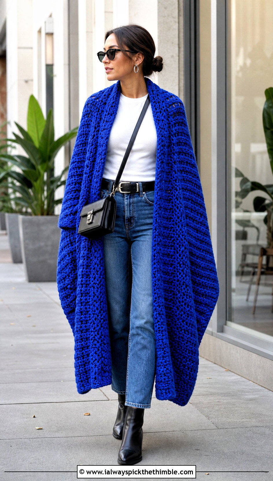 Oversized Rectangular Crochet Blanket Shawl With Straight Jeans - 15 Crochet Shawl Blanket outfit ideas