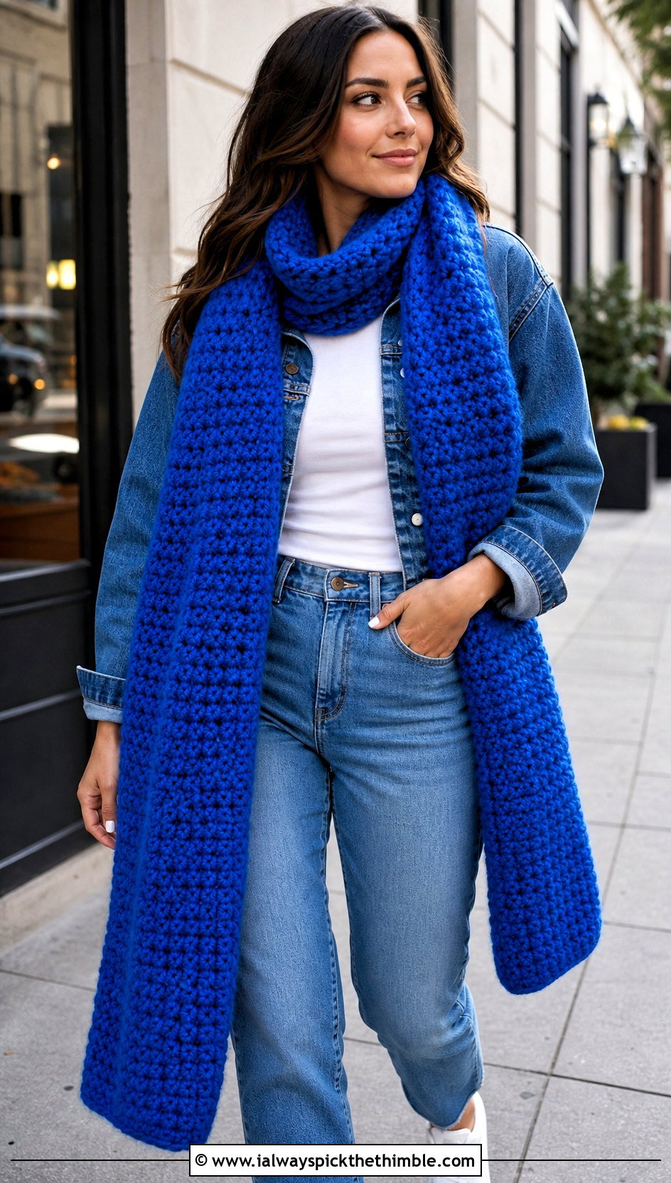Oversized Rectangular Crochet Wide Scarf With Straight Leg Jeans - 20 Crochet Wide Scarf outfit ideas