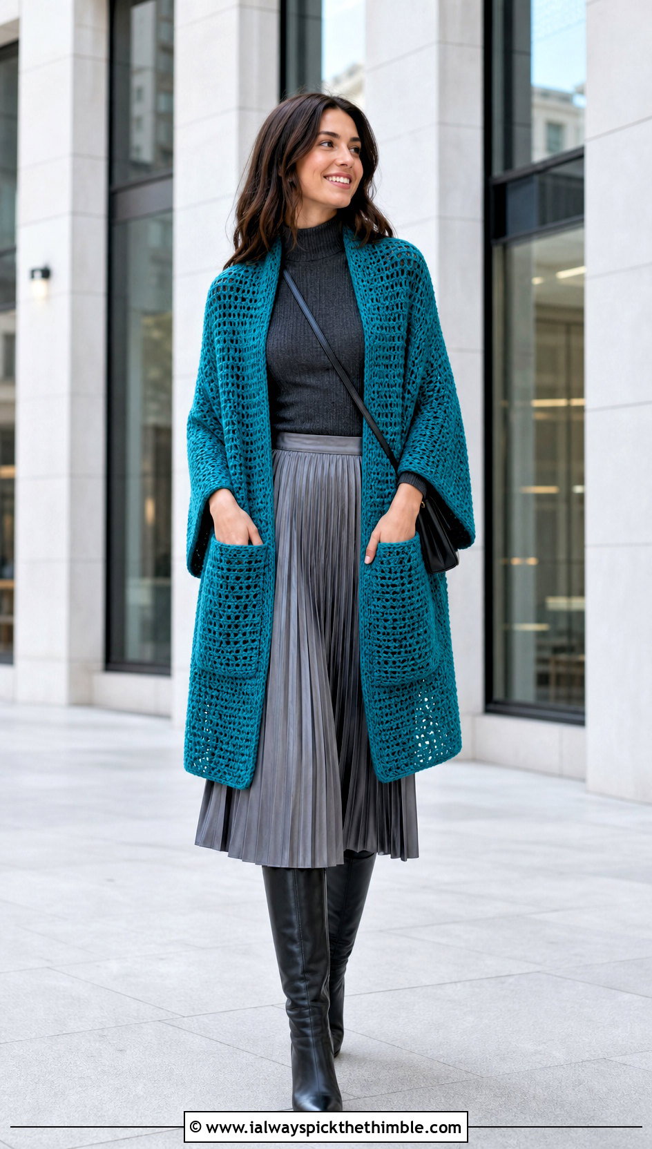 Oversized Rectangular Crochet Wrap With Pleated Skirt - 25 crochet wrap with pockets outfit ideas