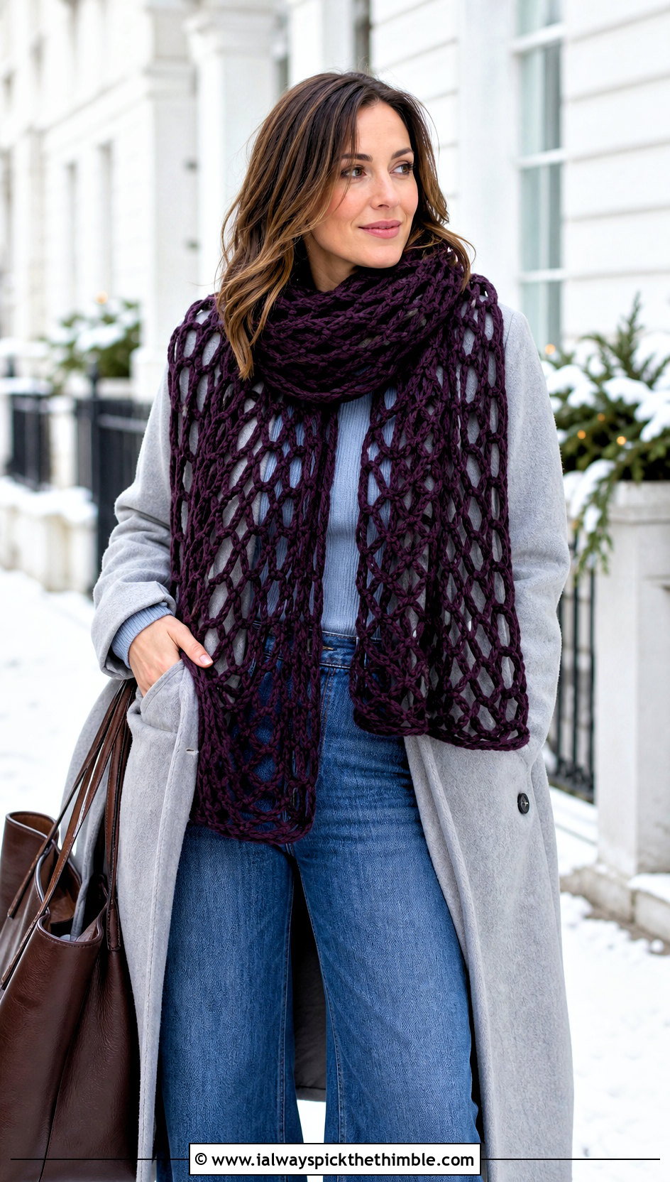Oversized Rectangular Mesh Crochet Scarf With Coat And Wide Leg Jeans - 20 Mesh Crochet Scarf outfit ideas