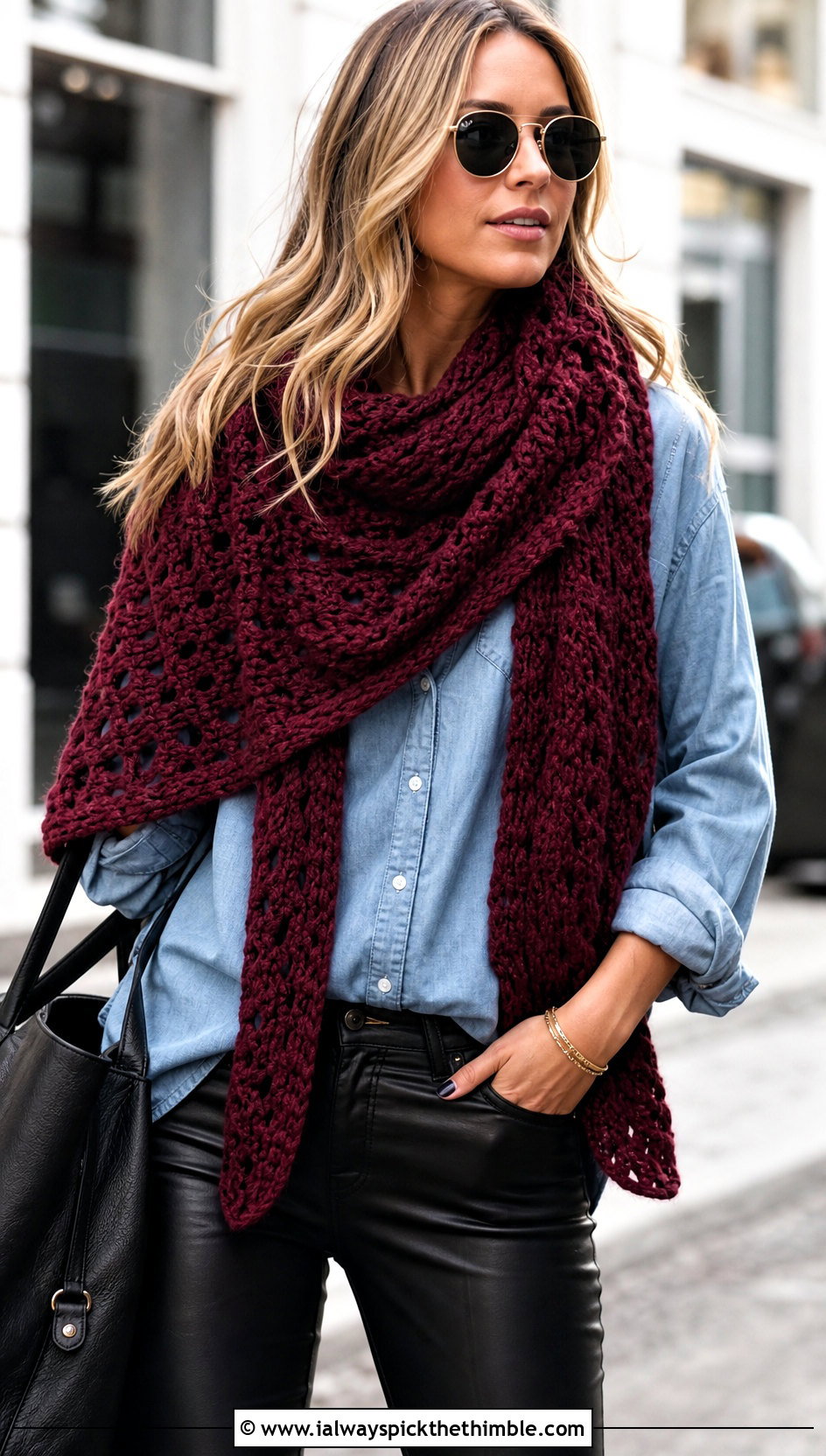 Oversized Red Crochet Scarf With Leather Pants - 20 taylor swift red crochet scarf outfit ideas
