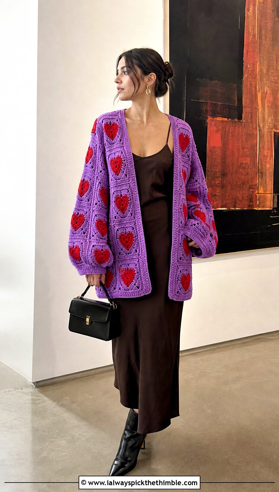 Oversized Red Heart Granny Square Cardigan With Slip Dress - 15 red heart granny square cardigan outfit ideas